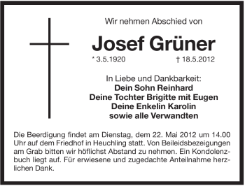 Traueranzeige von Josef Grüner von Pegnitz-Zeitung